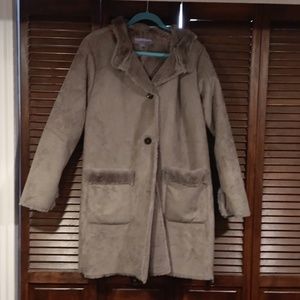 Faux fur coat with hood.